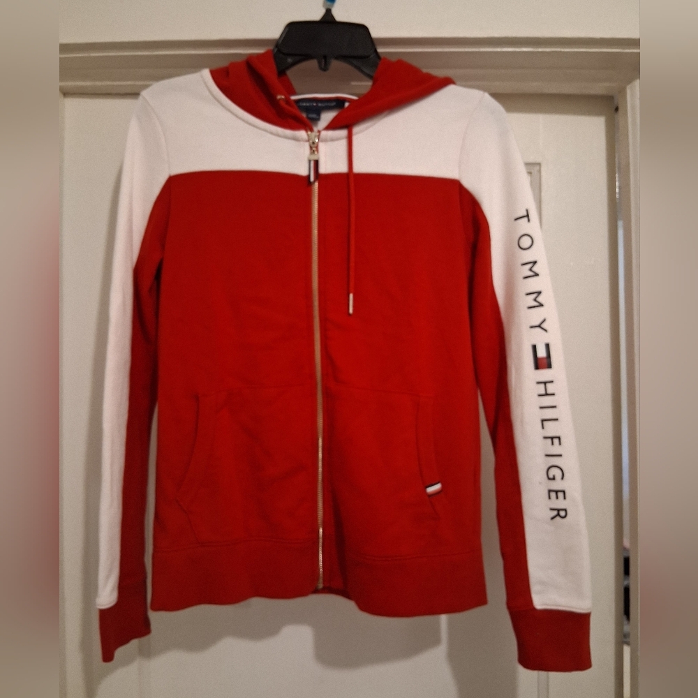 Tommy Hilfiger Red and White Full-Zip Hoodie with Sleeve Logo
